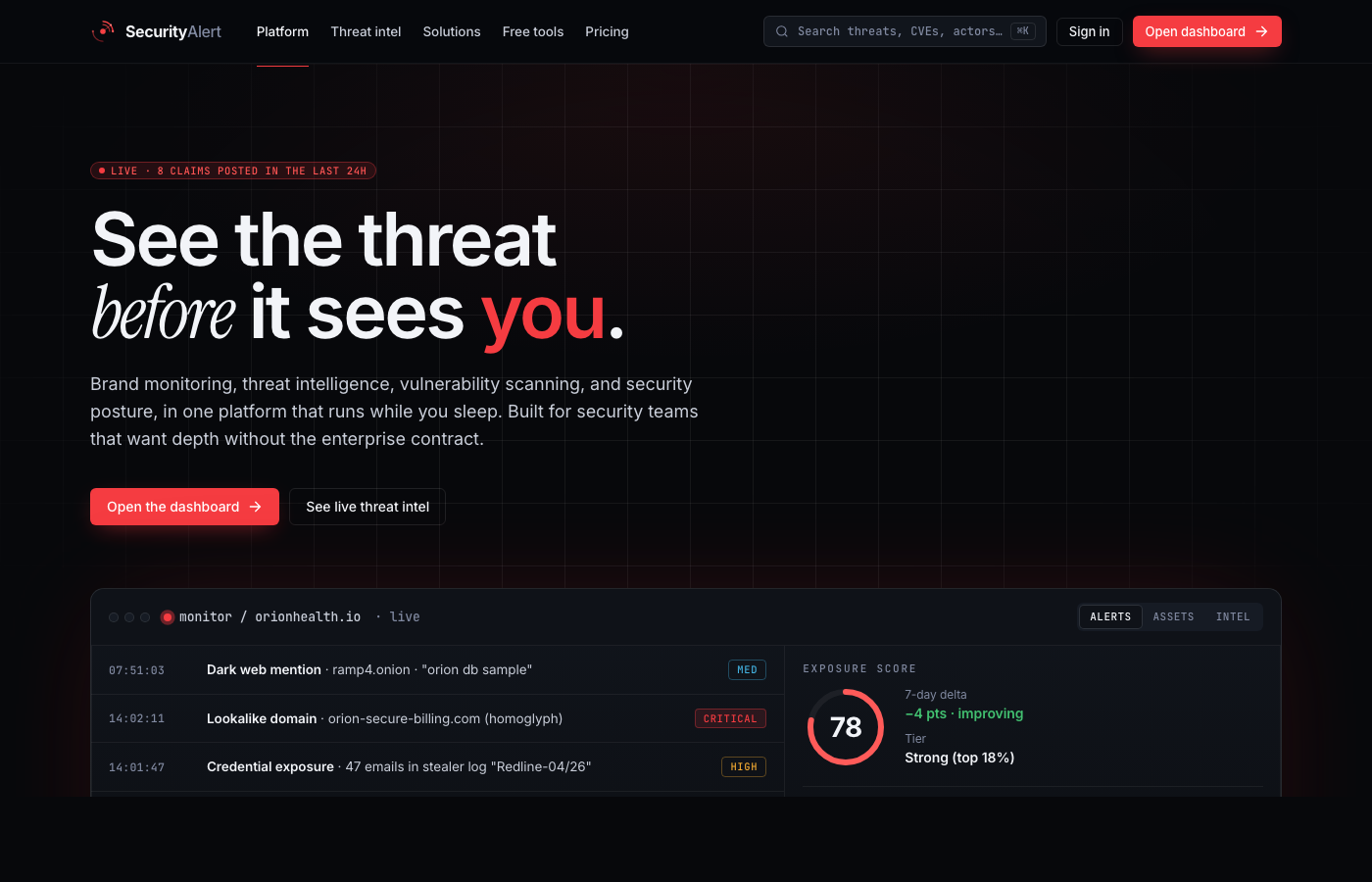 SecurityAlert.ai — Threat intelligence and security posture platform